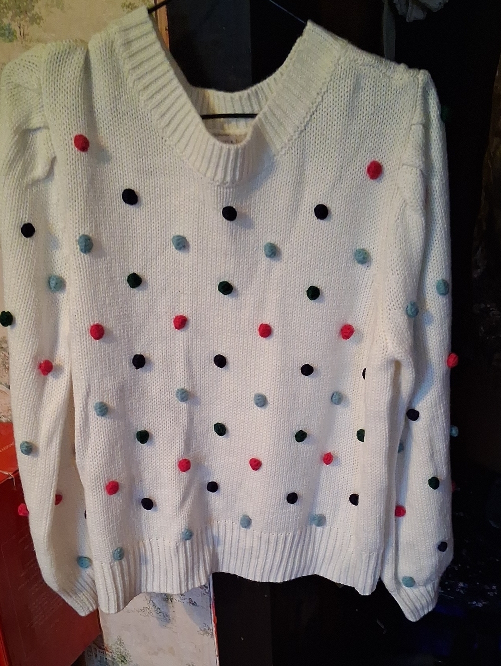 crown & ivy Cream Pom-Pom Dot Crewneck Sweater with Multicolor Dots